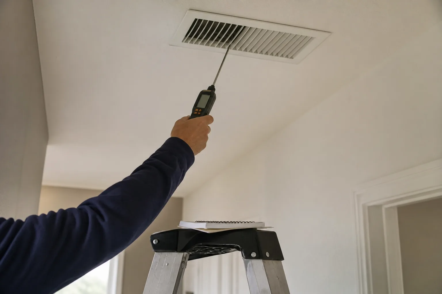 A probe thermometer held in the airflow at a ceiling supply register - for AC Not Cooling / Blowing Warm Air in Alhambra, CA
