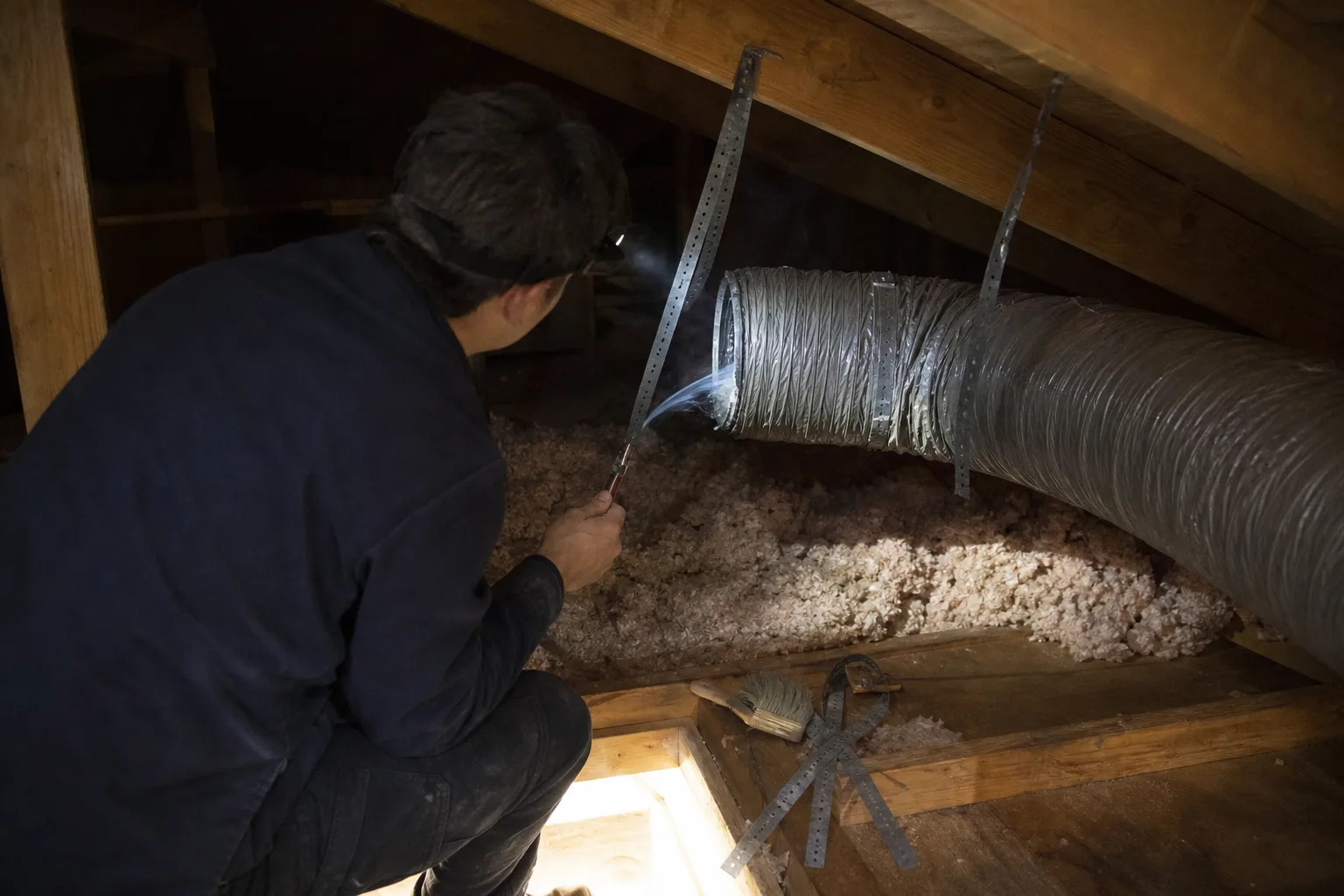 A smoke pencil held at a disconnected attic duct showing air escaping - for Leaking or Disconnected Ducts in Alhambra, CA