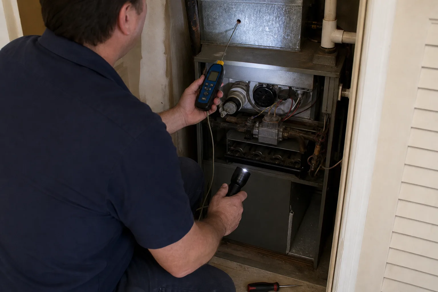 A probe thermometer in the supply plenum above a gas furnace - for Furnace Blowing Cold Air in Alhambra, CA