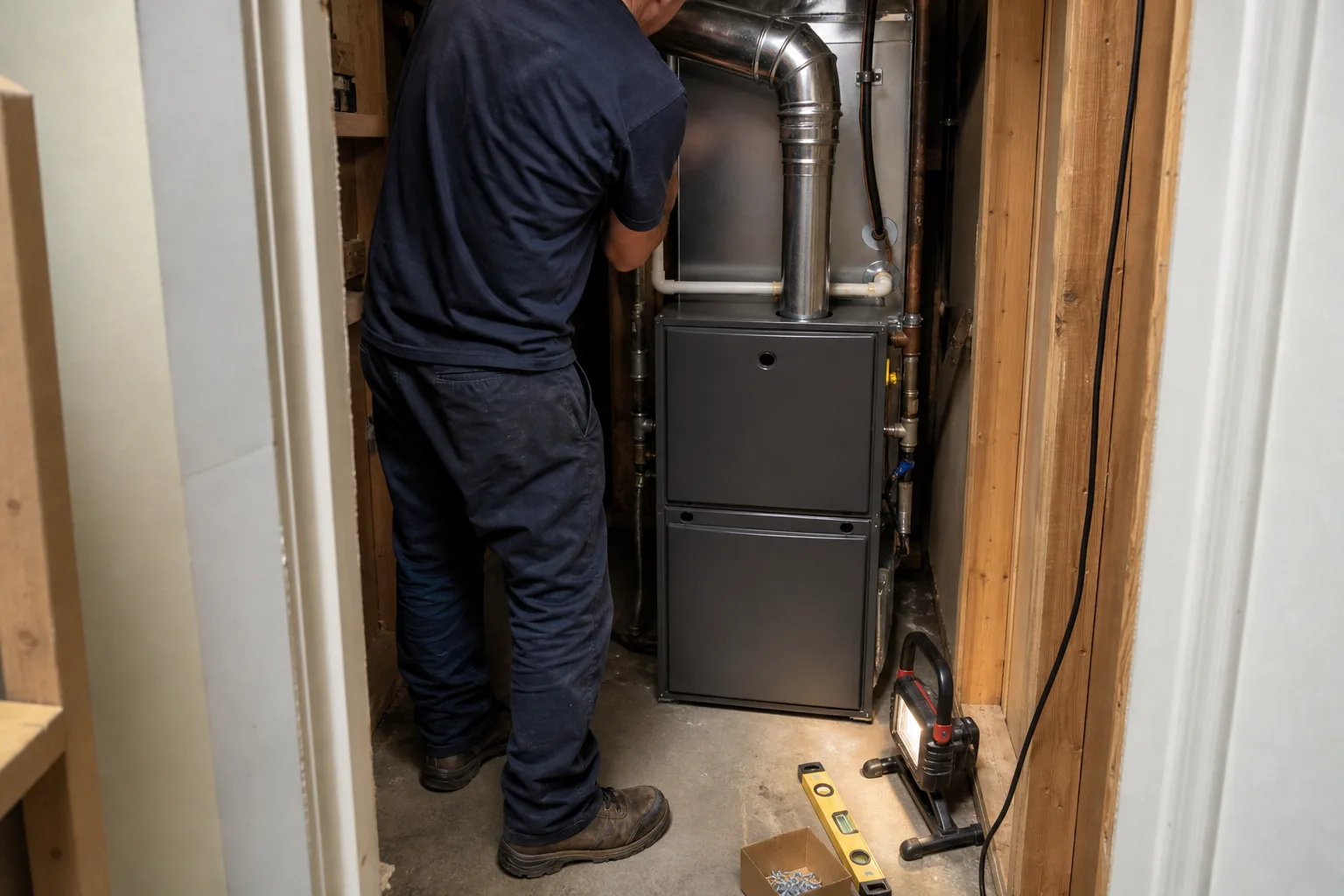 A new furnace set in a hall closet with its vent pipe and plenum connected - for Furnace Installation in Alhambra, CA