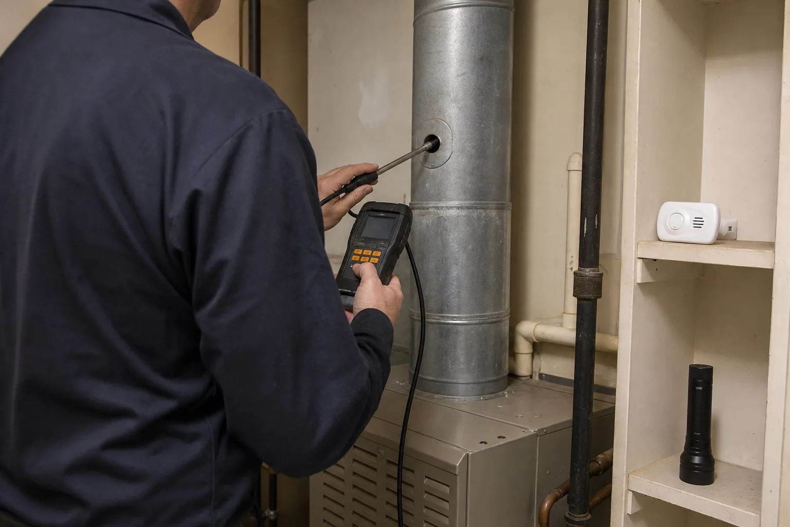 A combustion analyzer probe in a furnace flue with a carbon monoxide alarm nearby - for Gas Furnace Safety Signs in Alhambra, CA